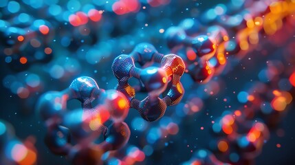 Close-up of molecular structures with vibrant colors, representing scientific research, chemistry, and biotechnology advancements.