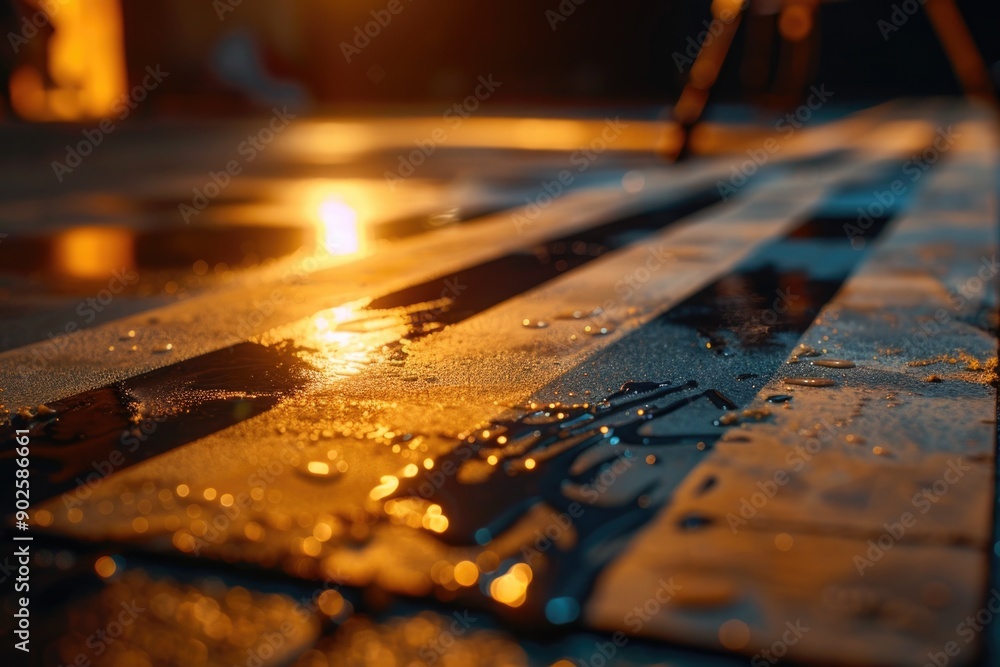 Poster a close-up of a wet sidewalk with a street light in the background, great for use in nighttime city 