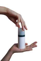 Female hand holding skin care product, Cosmetic white blank bottle cream Hand cream concept . Packaging for cream, gel, serum, advertising and product promotion, mockup