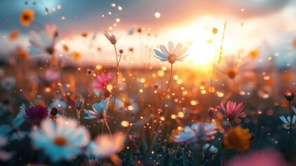 Fototapeta premium A beautiful meadow filled with colorful wildflowers like daisies and daisies golden hour. The sky is filled with a warm gradient as the sun rises, casting a glow.