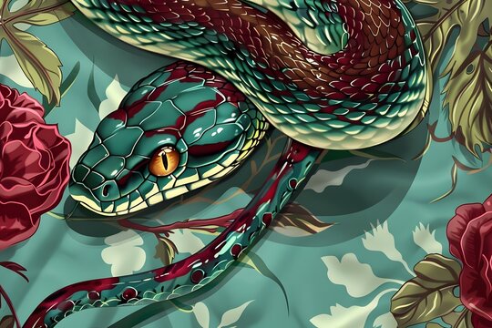 Illustration of blue-green snake intertwined with vibrant red flowers and lush green leaves on a dark background. Tatoo, posters, banners, invitations, club fler, oriental cafe