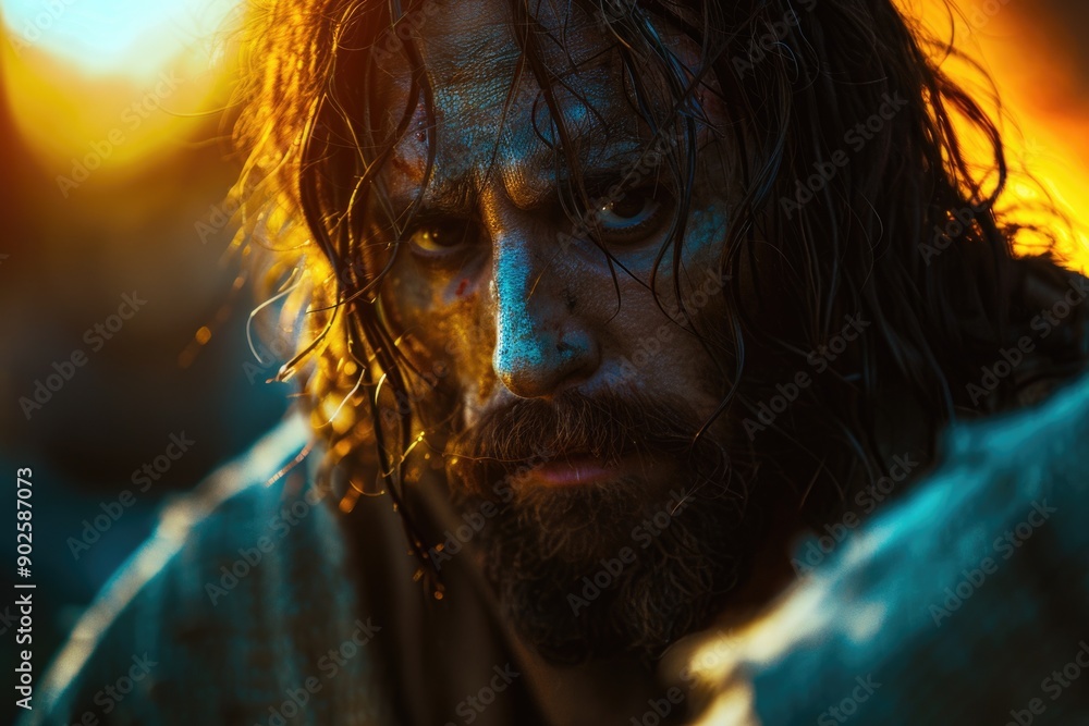 Poster portrait of a man with long hair and beard, suitable for use in editorial or creative contexts