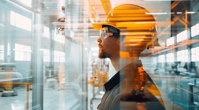 The double exposure image of the engineer standing back during sunrise overlay with cityscape image and futuristic hologram. The concept of engineering,