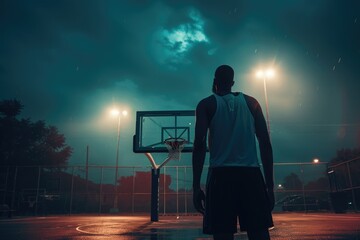 A man stands alone on a darkened basketball court at night, spotlight shining down