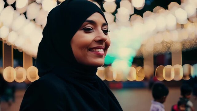 In the foreground of a bustling amut park a woman with a hijab smiles as she watches her children enjoying the lively atmosphere.