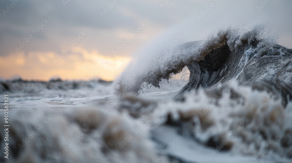 Poster a mesmerizing and powerful image capturing an ocean wave crashing forcefully at twilight, showcasing