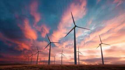 Majestic wind turbines stand tall under a breathtaking, dramatic sky filled with vibrant, colorful clouds, representing sustainable energy and environmental consciousness.
