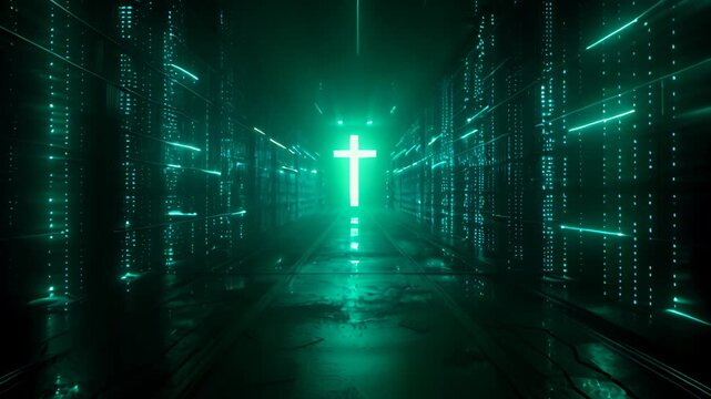 Digital Christian cross god Jesus Christ technological background religion illustration modern computer internet religious shining glowing data science accessible Bible spiritual cyberspace