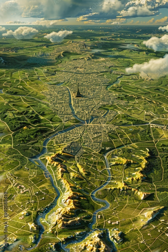 Poster aerial view of a city with a river flowing through, suitable for urban planning or architectural pro