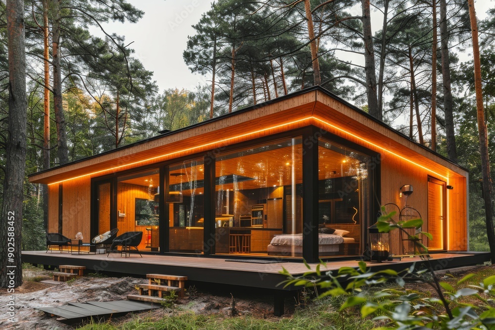 Poster modern cabin with glowing orange lights in forest setting concept of advanced architecture connectiv