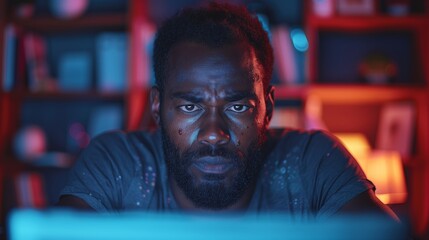 Fototapeta premium Focused Man Engaged in Intense Work at Computer in Dimly Lit Room During Evening