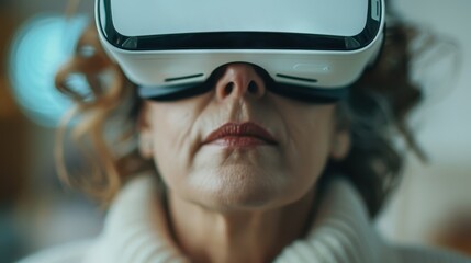 Person wearing a VR headset, engaging with the virtual environment that is characterized by vivid colors and advanced technological elements, showcasing digital innovation.