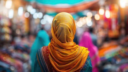 Obraz premium A colorful marketplace scene showing women adorned in vibrant traditional garments, with a bustling background indicating a lively and culturally rich environment.