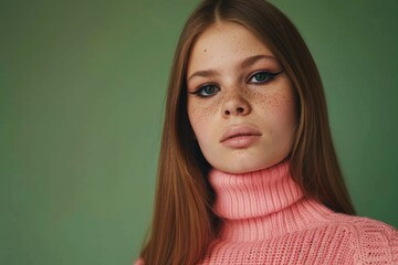 Fototapeta premium Close up of woman with long straight brunette hair, bold eyeliner and pink turtleneck sweater against a green background, 1960s editorial