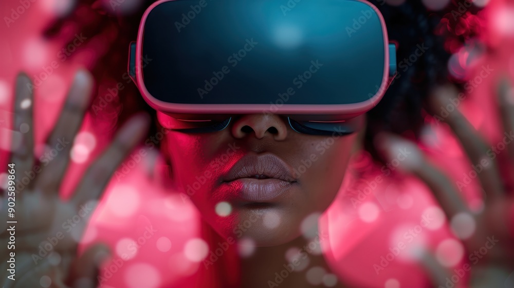 Poster a person exploring a vibrant digital world with a vr headset, experiencing virtual reality in an imm
