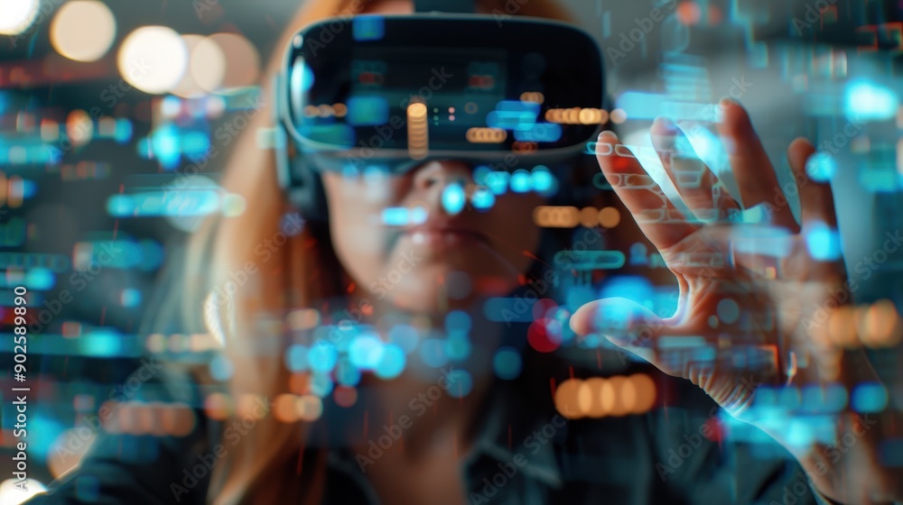 Poster a person is seen engaging with a virtual environment while wearing a vr headset, with digital interf