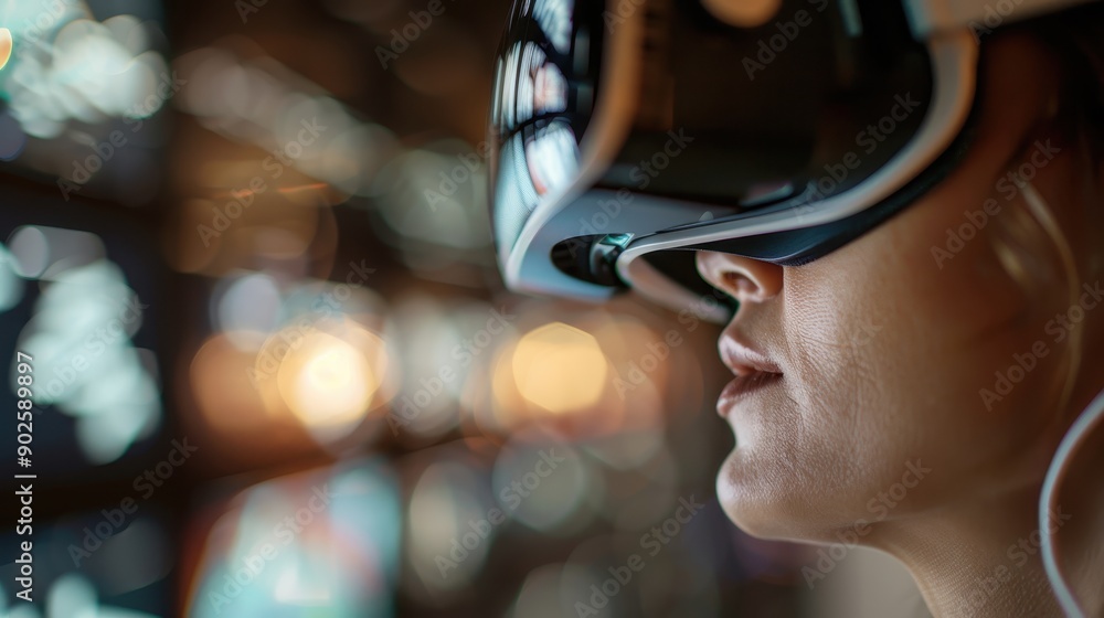 Poster a close-up image of a person using a virtual reality headset, deeply immersed in a digital experienc