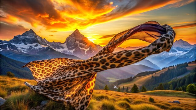 Vibrant lepard print scarf flowing in wind against majestic mountain landscape at sunset.