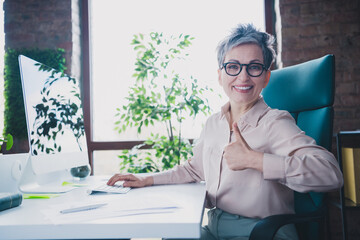 Photo of smiling positive mature lady accountant formalwear showing thumb up working modern device...