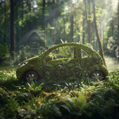 Nature Meets Innovation: Electric Car in a Beautiful, Lush Green Forest Setting