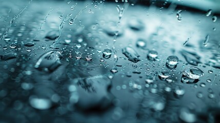 Detailed image focusing on water droplets forming trails on a glass surface during rain, capturing the movement and interaction between raindrops and the smooth substrate.