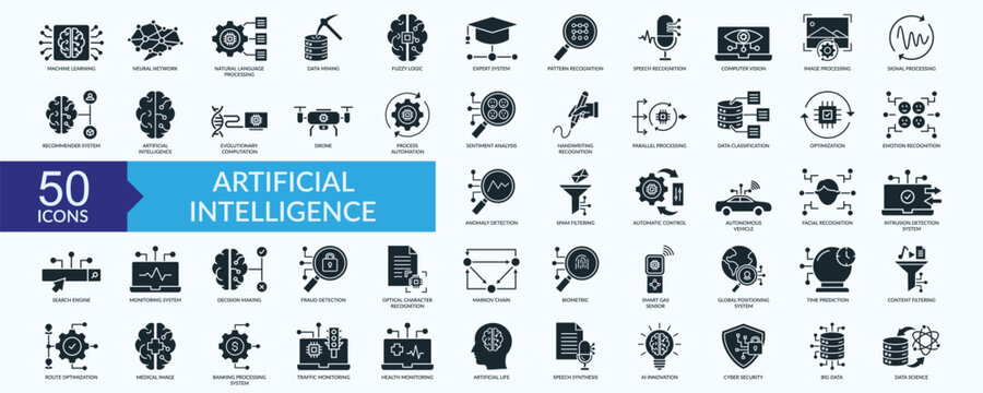 Artificial intelligence icon collection set with machine learning, neural network, speech recognition, image processing, spam filtering