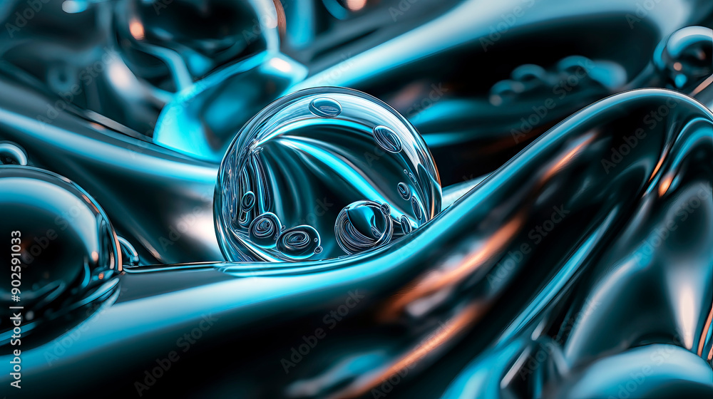 Poster metallic surface with transparent bubble floating amidst blue and orange light in abstract backgroun