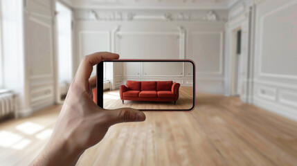 Person holding a phone with vertically in an empty room, augmented reality couch on the phone screen. A smartphone application that helps you choose furniture for your apartment.