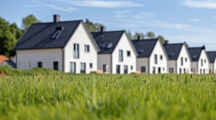 Aerial view of a new modern residential housing development with contemporary family homes landscaping and a peaceful suburban neighborhood setting