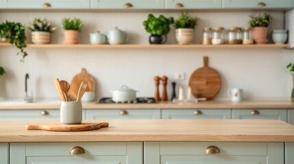 Cozy and Minimalist Contemporary Kitchen Interior with Light Colored Countertops and Beautifully Displayed Cooking Utensils and Decor Elements