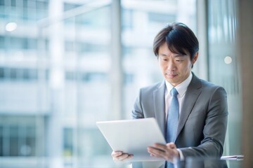 プロジェクト提案書を検討する日本人ビジネスマン
