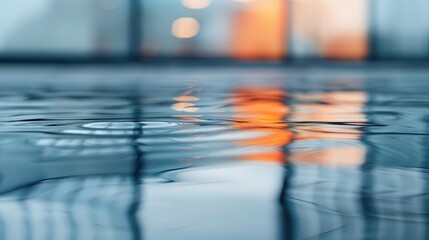 Close-up of water surface reflecting lights and architectural elements from nearby glass walls, creating abstract patterns and a serene atmosphere.