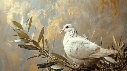 Close-Up of White Dove with Olive Branch, Detailed Textures, Peace Symbol