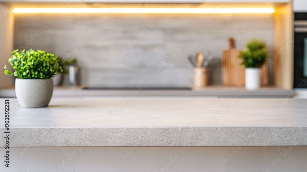 Poster a sleek and minimalist kitchen island with a light colored countertop featuring blurred cooking tool