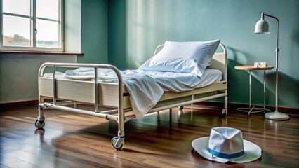 An unmade hospital bed with a crumpled up nurse's hat on the floor representing exhausted nurses' physical toll.