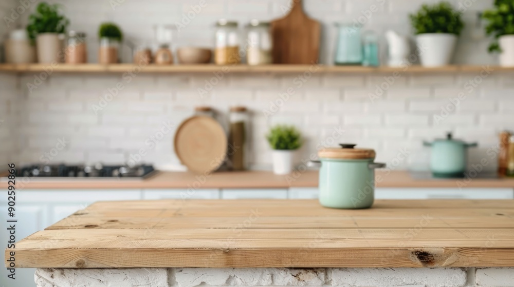 Poster a contemporary kitchen with light colored countertops stylish cooking tools and a blurred background