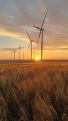 From Dawn to Dusk, Wind Turbines Stand Tall Amidst Golden Fields of Wheat