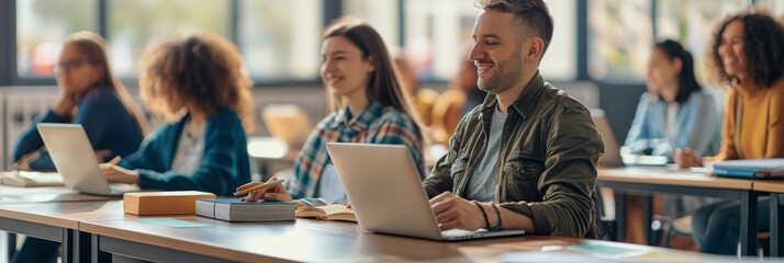 Students using laptops in the classroom are actively engaged in interactive learning, collaborating on projects and discussions, and applying technology for modern educational methods