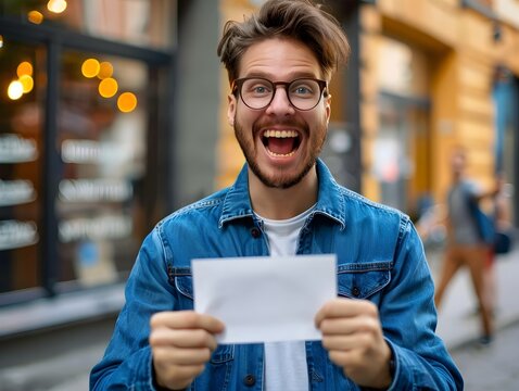 entrepreneur proudly displaying their innovation achievement certificate in city street setting