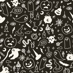 Halloween mystery cartoon line art seamless pattern, witch craft paper, pumpkin, ghost, skull, witch hat, spider, bat, bone, mushroom, moon, candy. 
