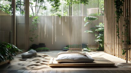 Serene Minimalist Zen Garden with Indoor Bamboo Decor and Natural Light