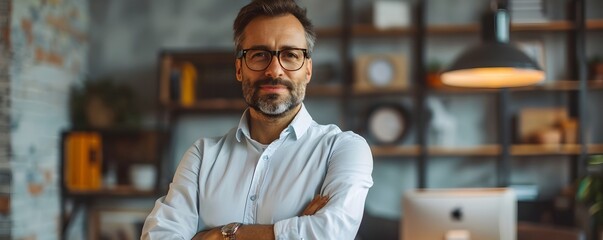 Fototapeta premium Confident Businessman Stands Proudly in Sleek Startup Office Embodying Business Success and Ambition