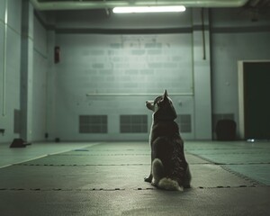 A Dedicated Dog Observing Training Progress in a Calm Obedience School Environment