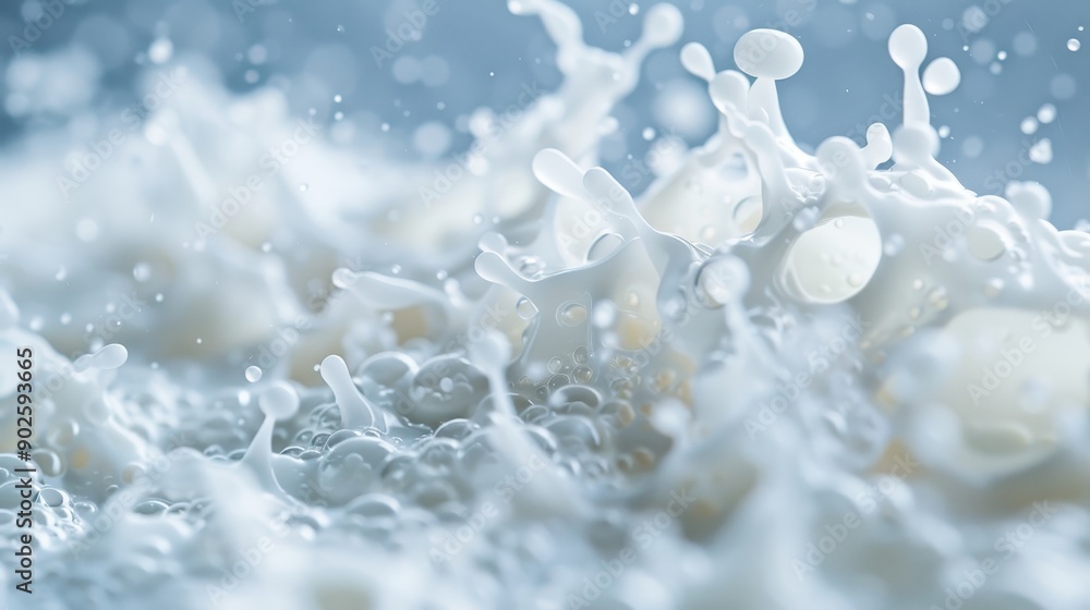 Poster milk drops frozen in a dynamic splash against a white background, captured in high detail to showcas