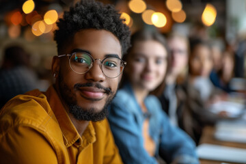 Obraz premium A young man with glasses and a friendly smile sits at a table with friends in a cozy and warm social setting. The background is softly blurred, highlighting the positive and welcoming atmosphere