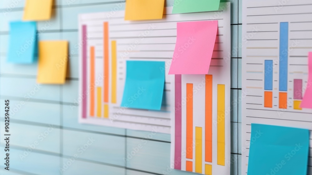 Poster a photo of a business strategy meeting with various colorful charts graphs and sticky notes displaye