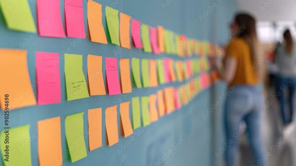 Poster closeup view of a wall covered with colorful sticky notes showcasing the team s action plan developm
