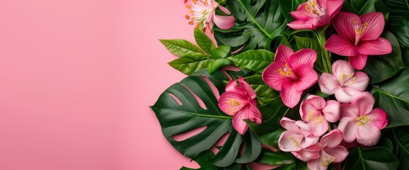 Creative Summer Flat Lay With Nature Flowers And Plants Concept On A Pink And Black Background, Highlighting Beauty And Creativity