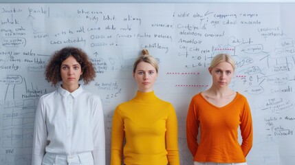 Three diverse team members standing in front of a whiteboard deeply engaged in a conceptual mapping exercise visualizing connections and ideas with an intense focus