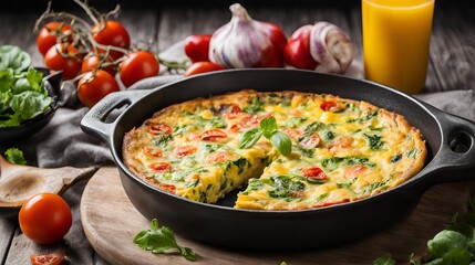 Frittata is an Italian egg-based dish, similar to an omelet with various ingredients such as vegetables, meats and cheeses, cooked in a skillet and baked.